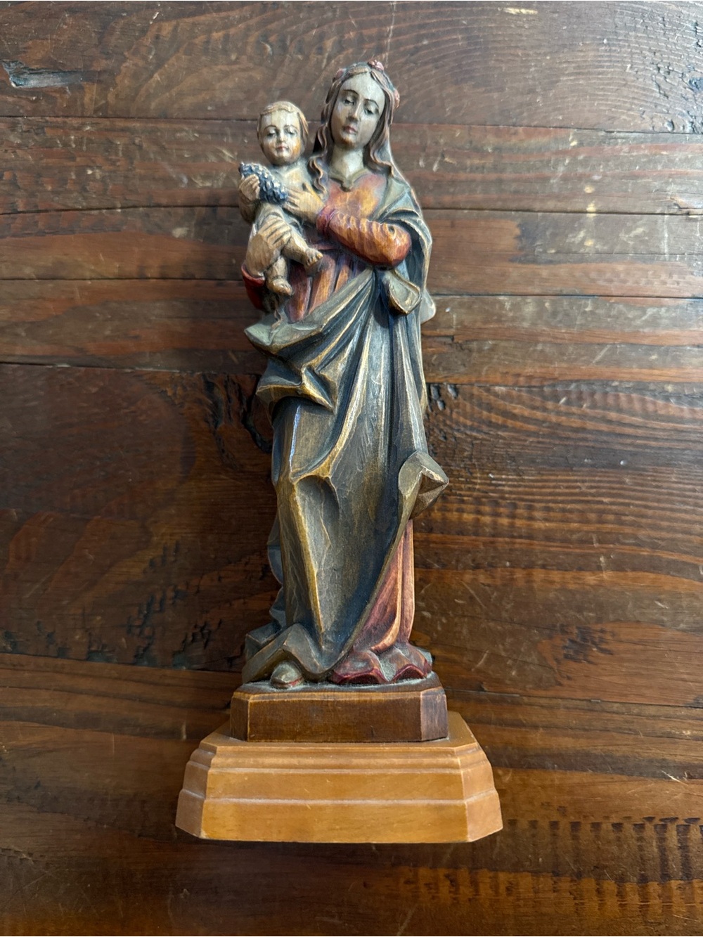 Vintage Italian Hand Carved Wood Madonna & Child Statue 9” Religious Figure